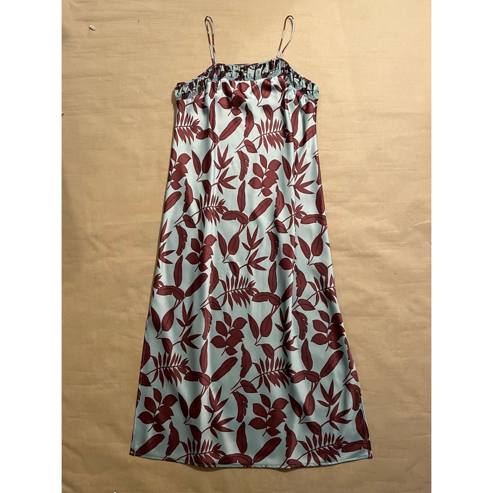 Anthropologie Maxi Slip Dress Size 1X Mint Green Brown Botanical Satin Leg Slit - Picture 5 of 14